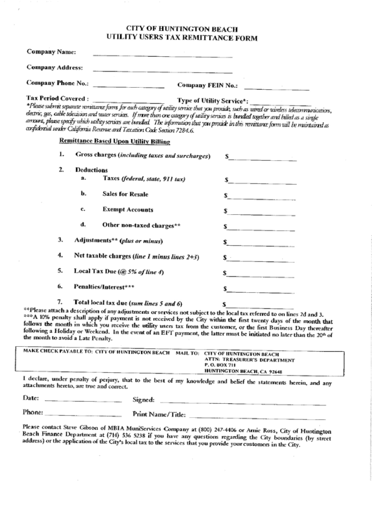 City Of Huntington Beach Utility Users Tax Remittance Form Printable pdf