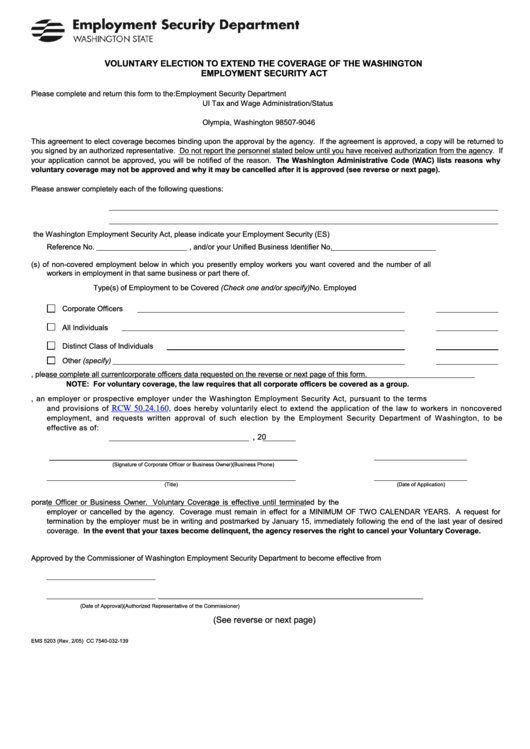Voluntary Election To Extend The Coverage Of The Washington Employment Security Act Form Printable pdf