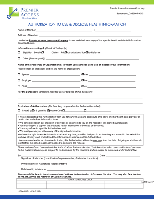 Authorization To Use & Disclose Health Information Printable pdf