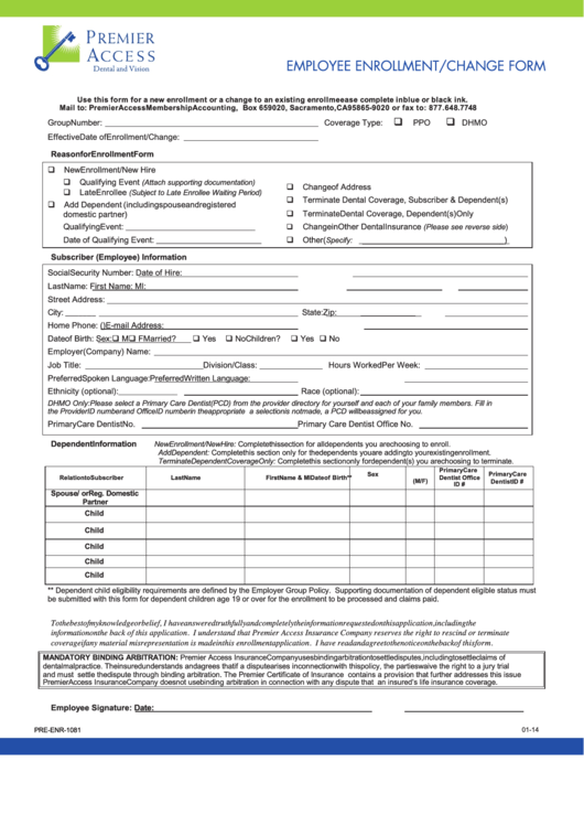 Form Pre-Enr-1081 - Employee Enrollment/change Form Printable pdf