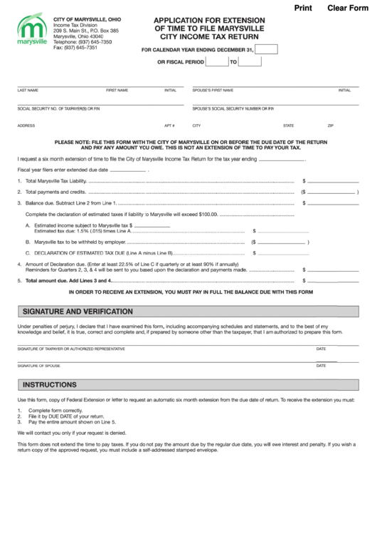 Fillable Application For Extension Of Time To File Marysville City Income Tax Return Form Printable pdf