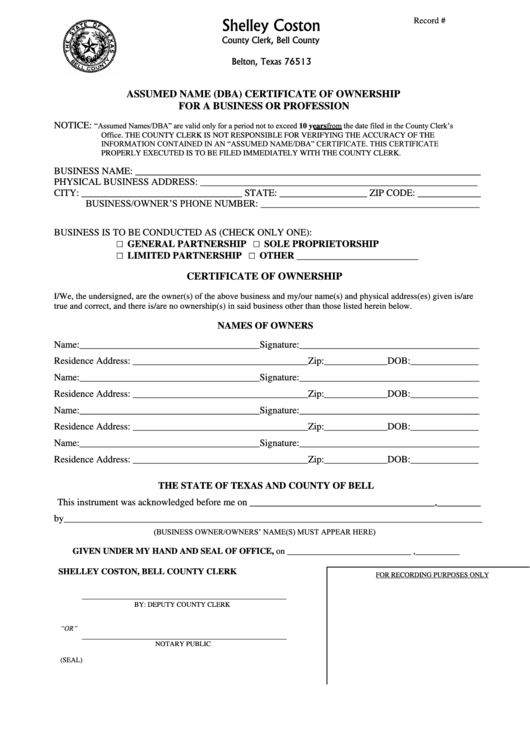 Assumed Name (Dba) Certificate Of Ownership For A Business Or Profession - Bell County Printable pdf