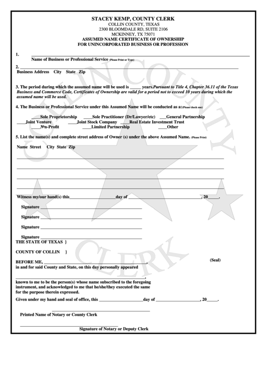 Assumed Name Certificate Of Ownership For Unincorporated Business Or Profession Form - Collin County - Texas Printable pdf