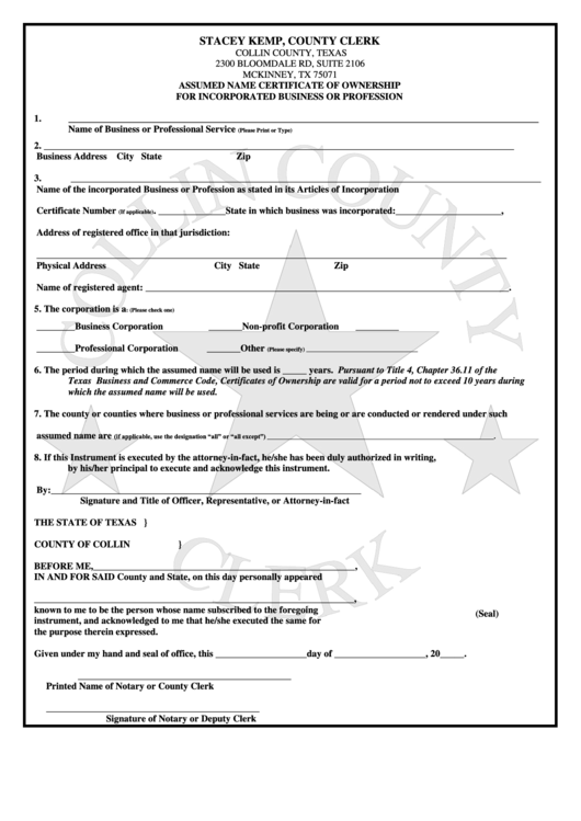 Assumed Name Certificate Of Ownership For Incorporated Business Or Profession - Collin County - Texas Printable pdf
