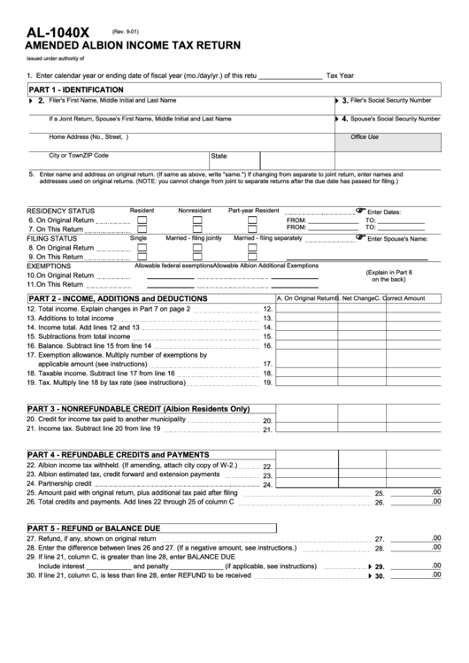 Form Al-1040x - Amended Albion Income Tax Return - 2001 Printable pdf