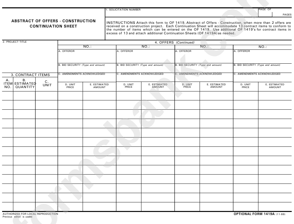 Optional Form 1419a - Abstract Of Offers - Construction Continuation Sheet - 1988