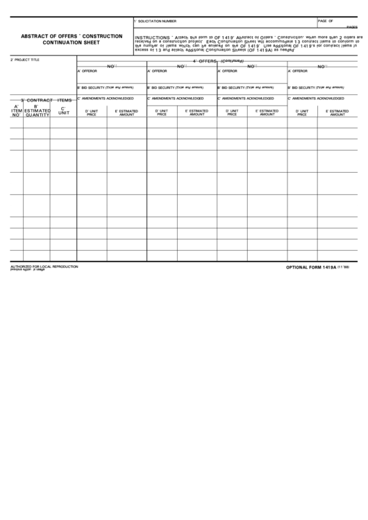 Optional Form 1419a - Abstract Of Offers - Construction Continuation Sheet - 1988 Printable pdf