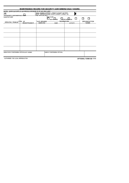 Optional Form 89 - Maintenance Record For Security Containers/vault Doors - 1998 Printable pdf