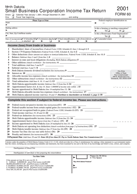 Form 60 - Small Business Corporation Income Tax Return - 2001 Printable pdf