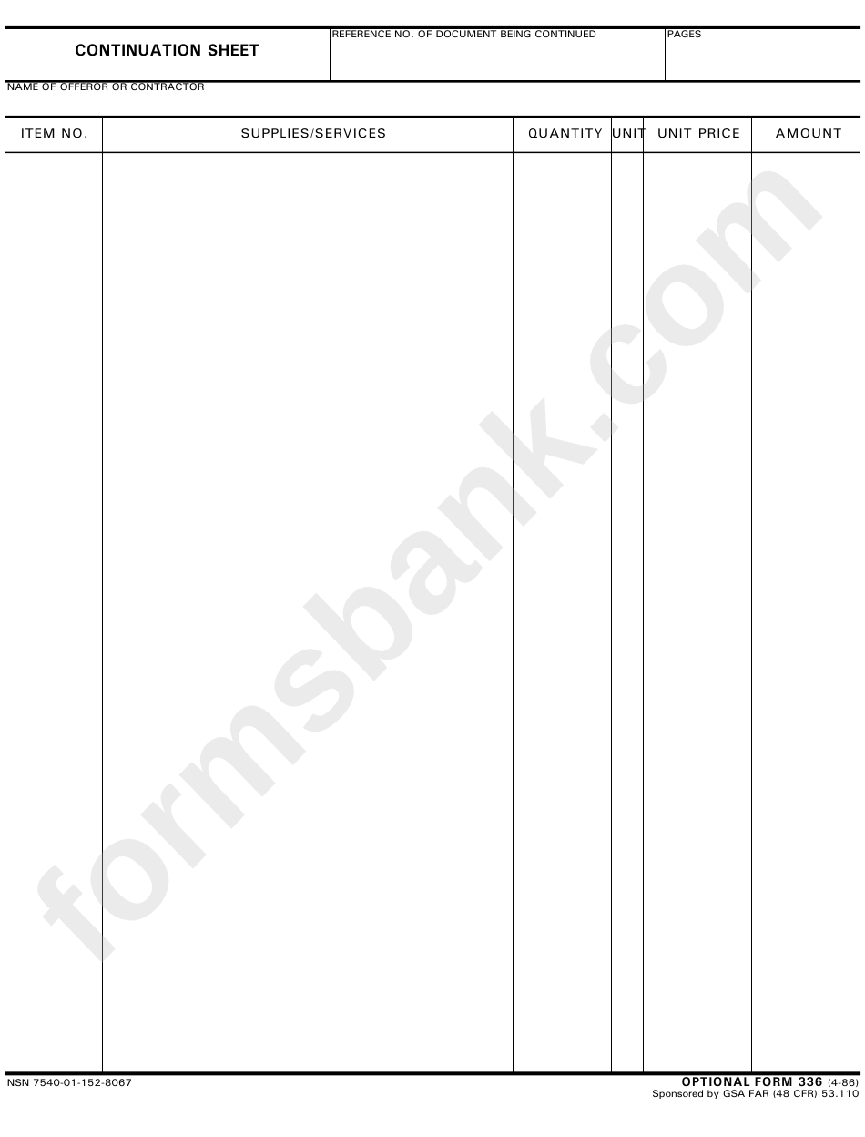 Optional Form 336 - Continuation Sheet - 1986