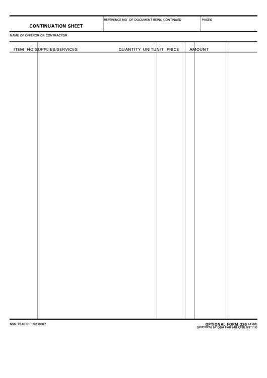 Fillable Optional Form 336 - Continuation Sheet - 1986 Printable pdf