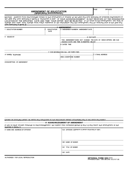 Optional Form 309 - Amendment Of Solicitation - 1997 printable pdf download