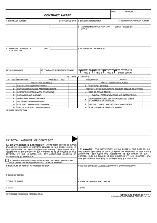 Fillable Optional Form 307 - Contract Award - 1997 Printable pdf