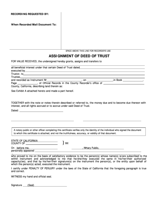 Fillable Assignment Of Deed Of Trust Form - State Of California Printable pdf