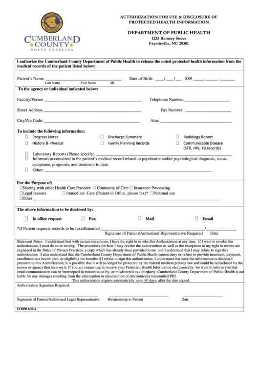 Fillable Authorization Form For Use & Disclosure Of Protected Health Information - 2012 Printable pdf
