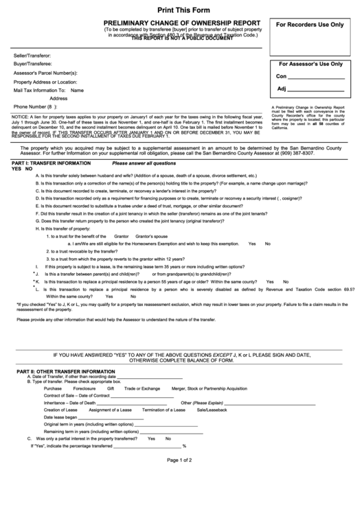 Fillable Prelimnary Change Of Ownership Report Form - San Bernardino, California Printable pdf