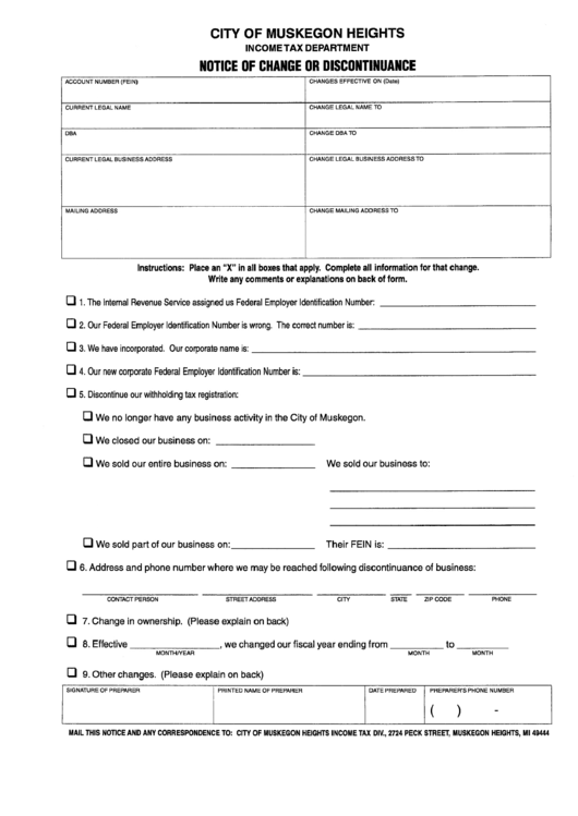 Notice Of Change Or Discontinuance Form Printable pdf
