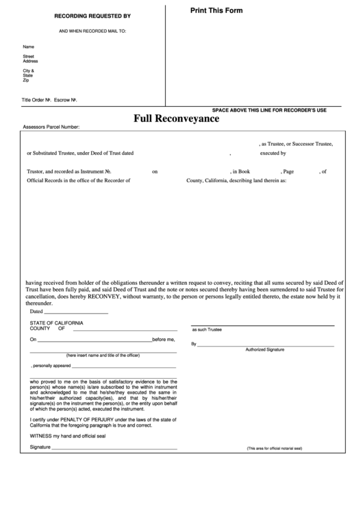 Fillable Full Reconveyance Form - State Of California Printable pdf