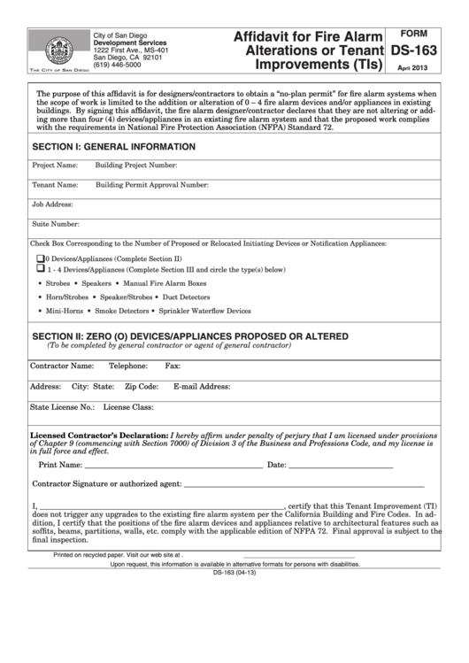 Fillable Form Ds -163 - Affidavit For Fire Alarm Alterations Or Tenant Improvements Printable pdf