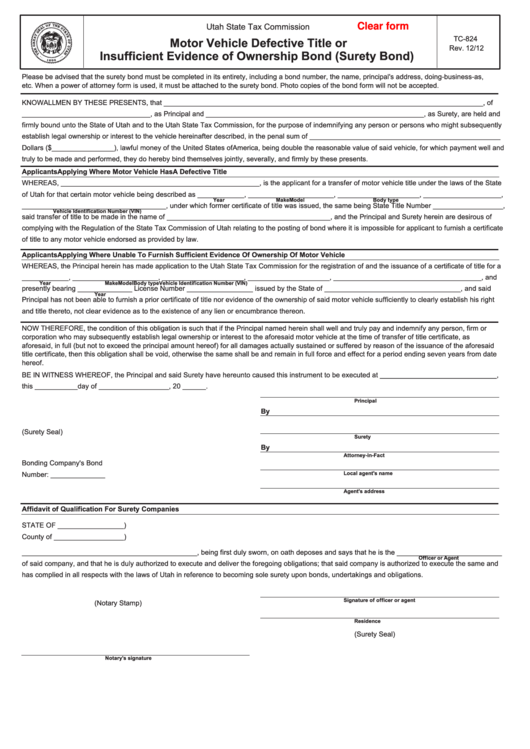 Fillable Form Tc-824 - Motor Vehicle Defective Title Or Insufficient Evidence Of Ownership Bond (Surety Bond) - 2012 Printable pdf