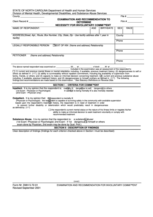 Fillable Form Dmh 5-72-01 - Examination And Recommendation For Ivc Form - Department Of Health And Human Services - North Carolina Printable pdf