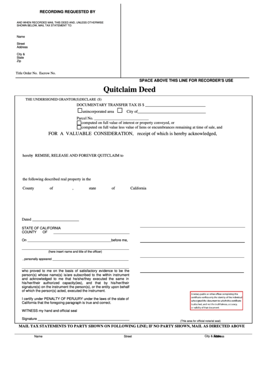 Fillable Quitclaim Deed Form - State Of California Printable pdf
