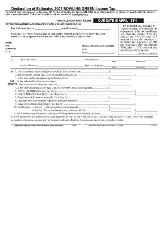 Declaration Of Estimated Bowling Green Income Tax Form - 2007 Printable pdf