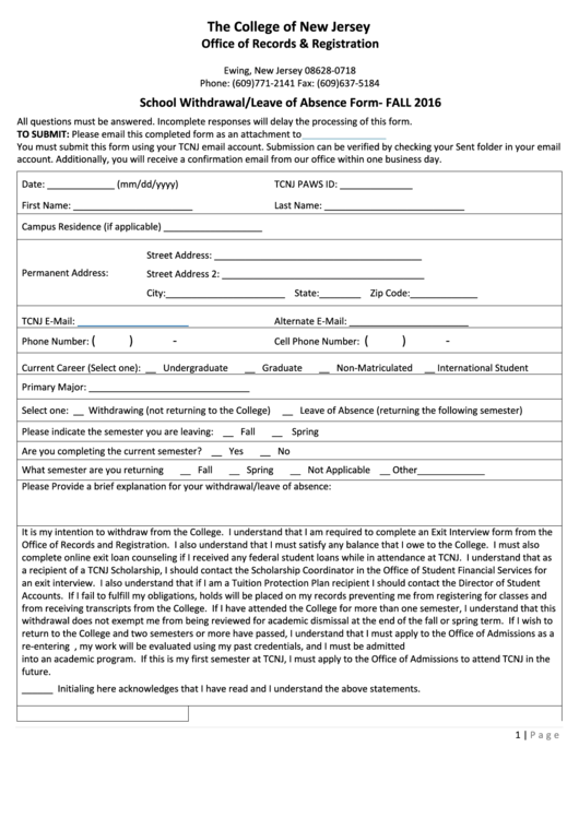 College Withdrawal Or Leave Of Absence Form Printable pdf