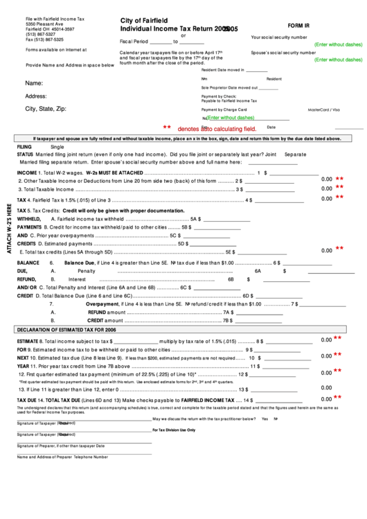 Fillable Form Ir - Individual Income Tax Return - City Of Fairfield Printable pdf