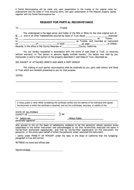 Fillable Request For Partial Reconveyance - State Of California Printable pdf