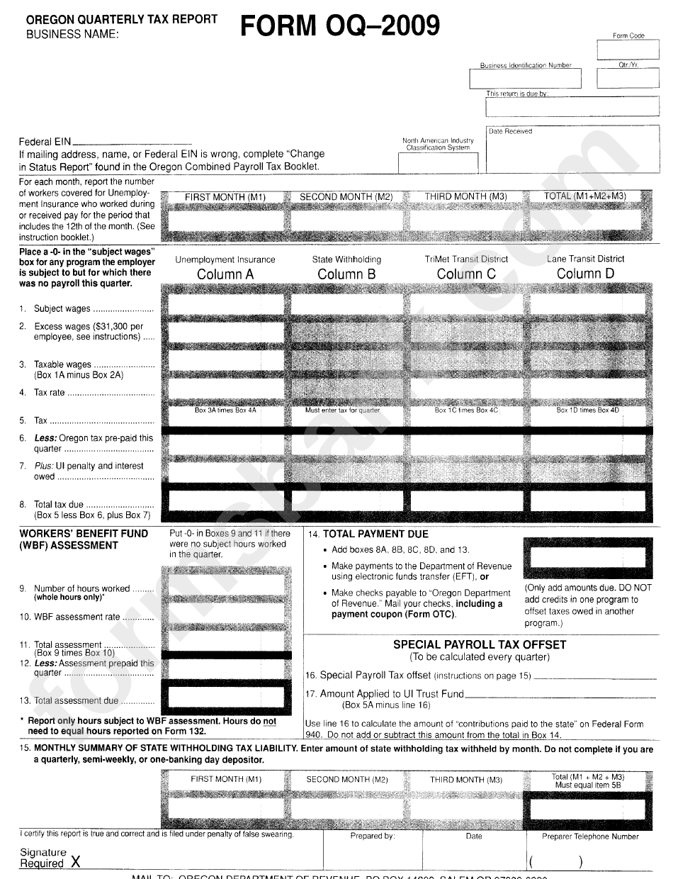 Form Oq2009 Oregon Quarterly Tax Report printable pdf download