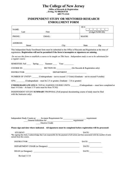 Independent Study Or Mentored Research Enrollment Form Printable pdf