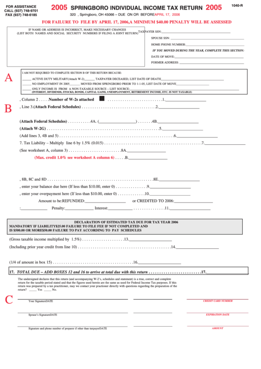Form 1040-R - Springboro Individual Income Tax Return - 2005 Printable pdf