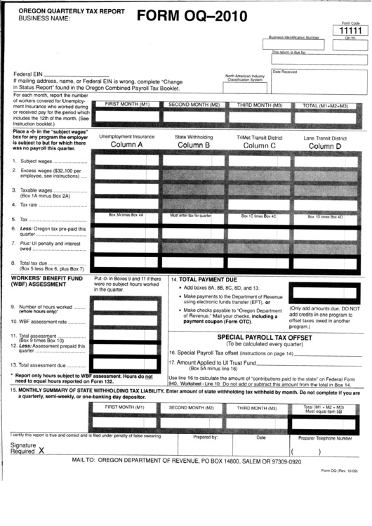 Form Oq-2010 - Oregon Quarterly Rax Report Printable pdf