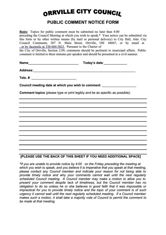 Public Comment Notice Form Printable pdf