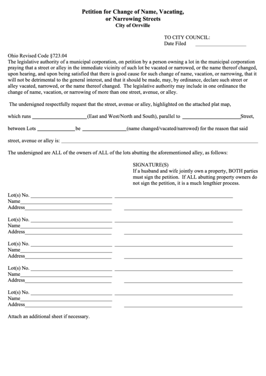 Petition Form For Change Of Name, Vacating, Or Narrowing Streets Printable pdf