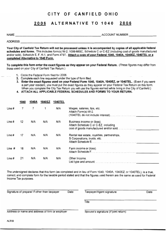 Form Alt - City Of Canfield Ohio Alternative To 1040 - 2006 Printable pdf