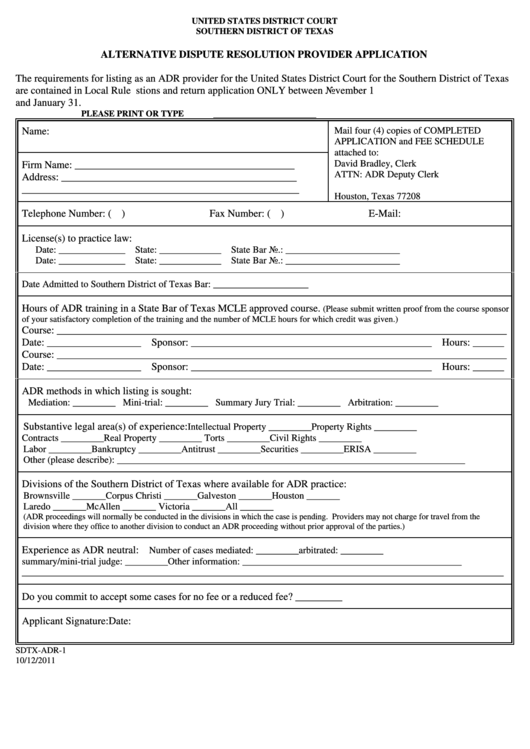 Alternative Dispute Resolution Provider Application Form - 2011 Printable pdf