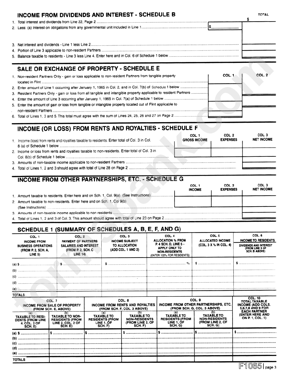 Form F1065 - City Of Flint Income Tax Partnership Return - 2009