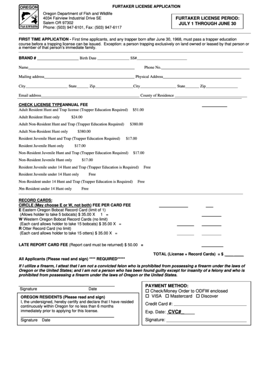 Furtaker License Application Form Printable pdf
