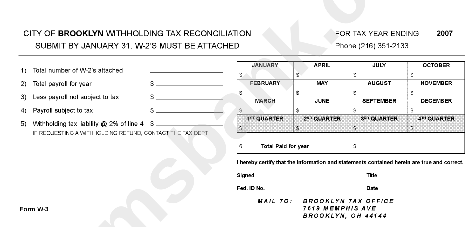 Form W-3 - City Of Brooklyn Withholding Tax Reconciliation - 2007