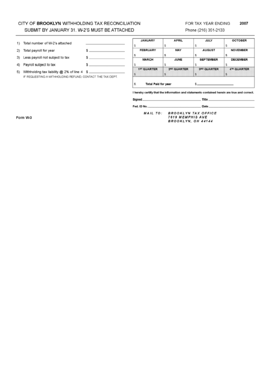 Form W-3 - City Of Brooklyn Withholding Tax Reconciliation - 2007 Printable pdf