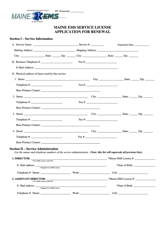 Fillable Maine Ems Service License Application Sheet For Renewal Printable pdf