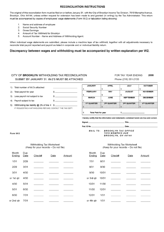 Form W-3 - City Of Brooklyn Withholding Tax Reconciliation - 2008 Printable pdf