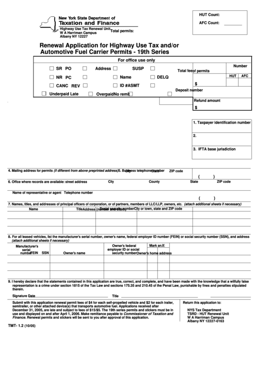 Form Tmt-1.2 - Renewal Application For Highway Use Tax And/or Automotive Fuel Carrier Premits 19th Series Printable pdf