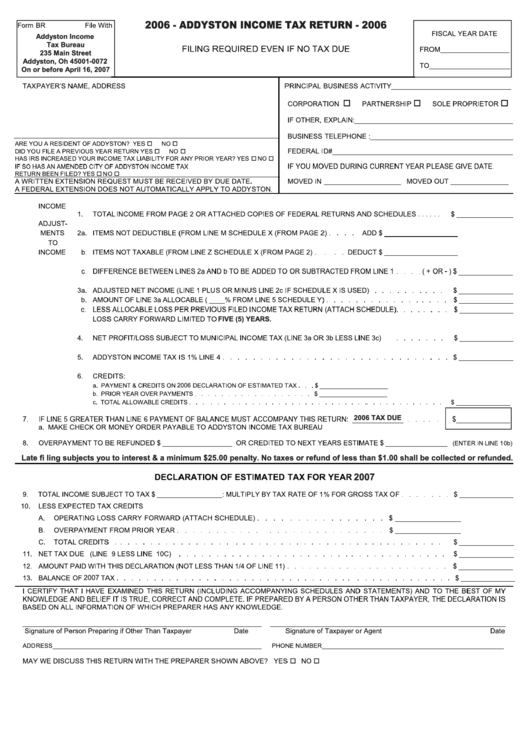 Form Br - Addyston Income Tax Return - 2006 Printable pdf