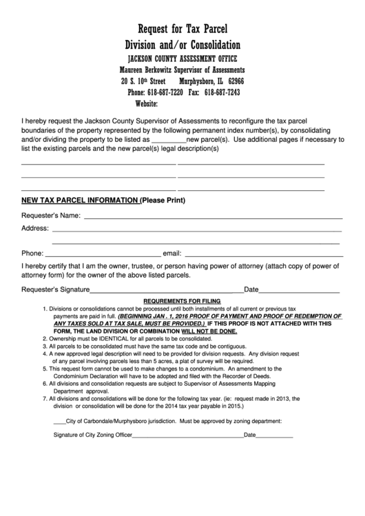Request For Tax Parcel Division And/or Consolidation Form - Jackson County Assessment Office - Illinois Printable pdf