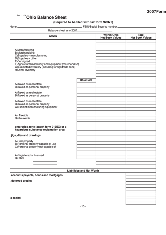 Form 921nt - Ohio Balance Sheet - 2007 Printable pdf