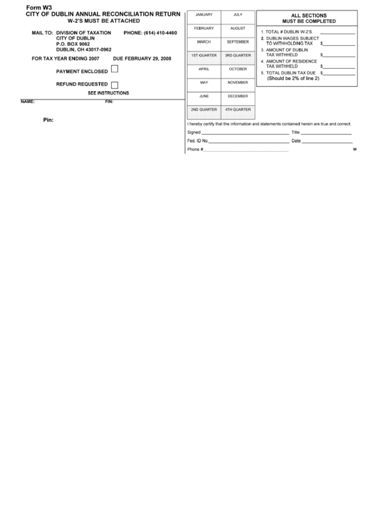 Fillable Form W3 - City Of Dublin Annual Reconciliation Return Printable pdf