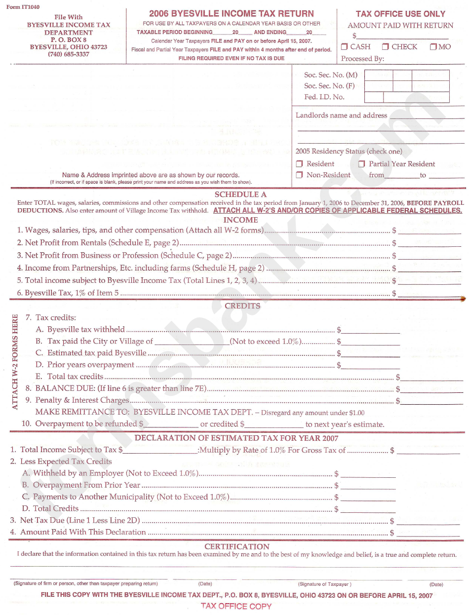 Form It1040 Byesville Tax Return 2006 printable pdf download